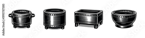 Collection of decorative black and white ceramic pot vector illustrations with various shapes