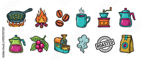 Colorful hand-drawn set of coffee icons in a vintage doodle style showing the entire process from plant and roasting to grinding and brewing a fresh cup of hot beverage