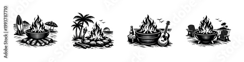 Black and white beach campfire illustrations with tropical elements surfboard and guitar