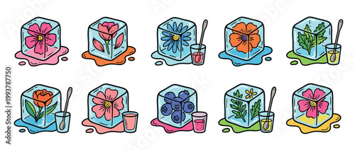 Colorful doodle set of melting ice cubes with frozen flowers, berries, and leaves inside, a creative concept for refreshing summer drinks and cocktail garnishes in a cartoon style