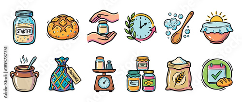 Colorful hand-drawn icons illustrating the sourdough process, including starter jar, artisan loaf, fermentation clock, flour sack, and sharing elements in a charming doodle style