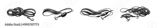 Fishing lure vector art, hooks and lines illustration, black and white clipart, fishing equipment silhouette