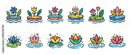 Colorful set of hand-drawn flower icons featuring water lilies and blossoms on floating islands, rendered in a cute and whimsical doodle style for decorative design