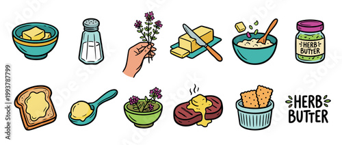 Herb butter cooking and ingredient illustrations showing the process of making and using the flavored spread on steak, bread, and crackers in a cute cartoon doodle style