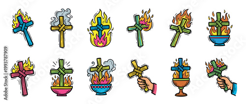 Colorful hand-drawn set of woven crosses burning with bright flames and smoke, showing the religious symbols in various states of combustion in a cartoon doodle illustration style