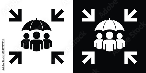 Team protection icon featuring a group under an umbrella with converging arrows. Represents insurance, risk management, safety coverage, and employee welfare in corporate environments.
