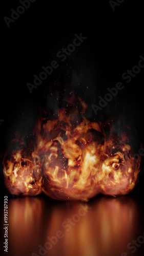 Three Burning Fire Flames with Reflection - 3d 4k vertical animation (2160 x 3840 px)