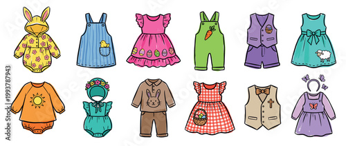 Colorful collection of cute Easter baby clothes featuring festive outfits like dresses, rompers, and suits with bunny, egg, and chick motifs in a charming hand-drawn illustration style
