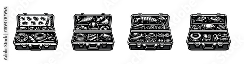 Black and white vector illustration of tackle boxes with fishing gear and lures