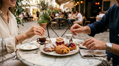 Couple enjoying breakfast pastries and coffee at a marble table in a European outdoor cafe, surrounded by greenery and patrons in the background