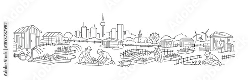 Community gardeners tending raised beds in urban allotment