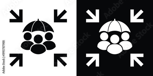 Team protection icon featuring a group under an umbrella with converging arrows. Represents insurance, risk management, safety coverage, and employee welfare in corporate environments.