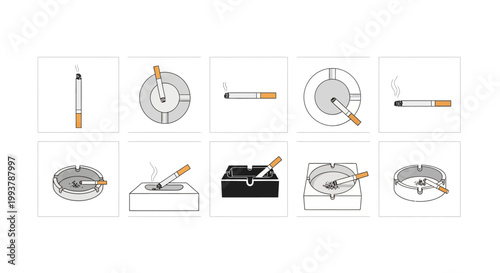 Cigarette Ashtray Icons: Smoking Cessation, Addiction, Bad Habits, Health Risk Icons