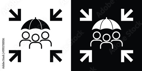 Team protection icon featuring a group under an umbrella with converging arrows. Represents insurance, risk management, safety coverage, and employee welfare in corporate environments.