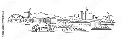 Farmers planting in sustainable farm with solar panels near city