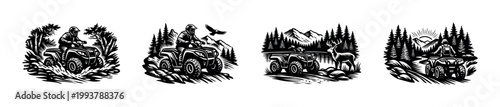 Adventure quad bike illustrations, off-road atvs, black and white vector designs, silhouette style