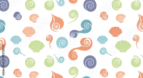 Seamless Pattern of Seashells and Swirls in Pastel Colors on White Background