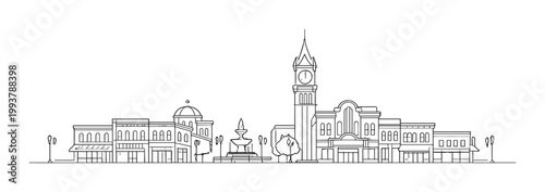 Historic town center with clock tower fountain and storefronts