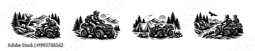 Adventure quad biking in wilderness, outdoor camping scene, black and white vector illustrations