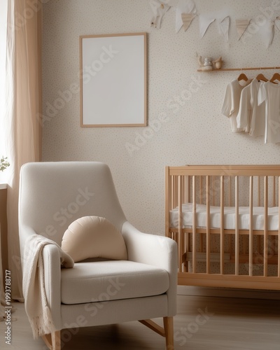 Minimalist Nursery Mockup with White bed and Wooden Chair