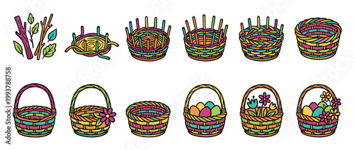Colorful basket weaving process illustration set shows step-by-step instructions for making a wicker container and finished Easter baskets with eggs and flowers in a cartoon style