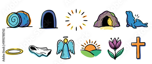 Set of colorful hand-drawn Christian Easter icons illustrating the resurrection story with symbols like the empty tomb, cross, angel, and rolled stone in a simple doodle style