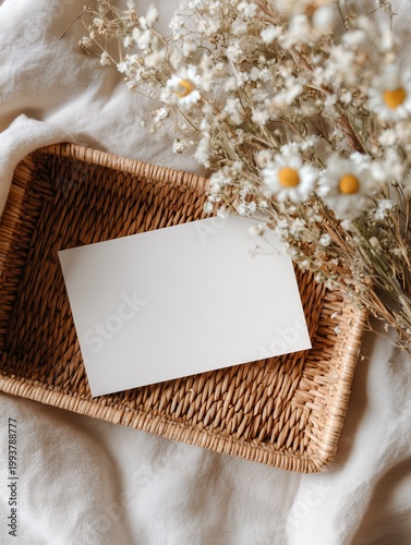 Minimal Business Card Mockup on Wicker Tray with Dried Flowers
