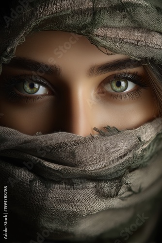 Close-Up Portrait of Woman with Green Eyes Wearing Linen Hijab