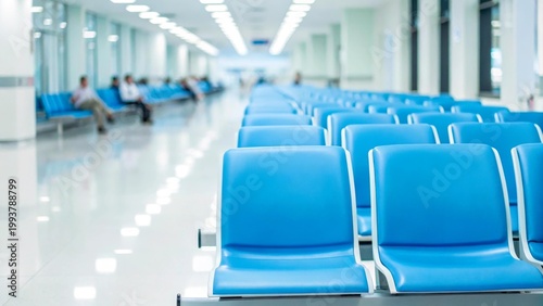 Empty waiting area with blue chairs in a modern building. Bright lighting and clean floors create a spacious atmosphere.
