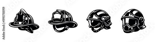 Set of vector black and white firefighter helmets, illustration of different styles, silhouette clipart