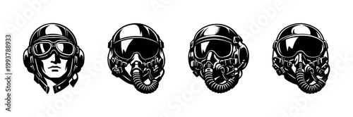Set of four military pilot helmet illustrations with goggles and breathing apparatus, black and white vector
