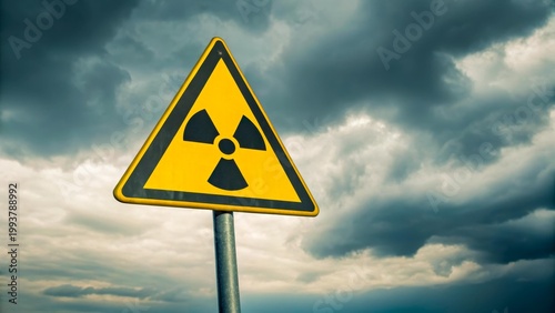 A yellow triangular radioactive hazard sign stands mounted on a pole against a dark cloudy sky, environmental danger, toxic pollution warning.