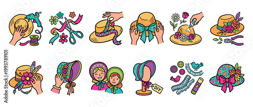 Colorful doodle icon set showing the process of DIY hat decoration, including hands crafting with flowers, ribbons, a glue gun, scissors, and other haberdashery supplies