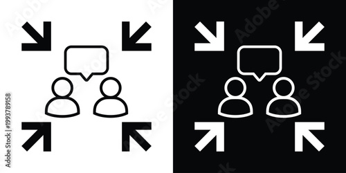 Communication icon with two people and a speech bubble, surrounded by inward-pointing arrows. Concept for targeted conversation, social interaction, or feedback.