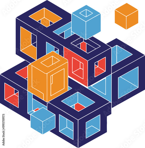 Abstract isometric composition of geometric cubes and hollow blocks in blue, orange, and red colors