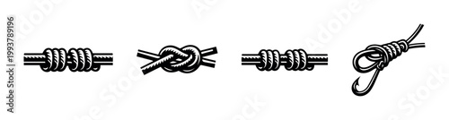 Collection of knots and fishing hook tied designs, nautical elements, black and white vector illustration