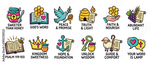 Collection of colorful Christian faith icons illustrating biblical concepts like God's word, peace, hope, and wisdom with symbols of honey, a dove, a lamb, and a cross in a cute doodle style