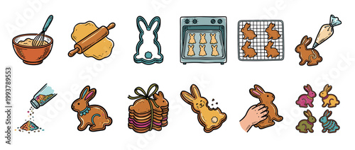 Set of hand-drawn Easter icons showing the step-by-step process of baking and decorating bunny-shaped gingerbread cookies, from mixing dough to adding colorful icing and sprinkles