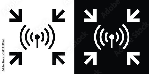 Signal broadcast icon with surrounding inward arrows, symbolizing targeted communication, data connection, or focused transmission. Modern, high-contrast vector icon set.