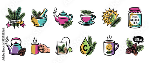 Colorful set of pine needle tea icons showing the brewing process with teapots, cups, and natural ingredients in a cute hand-drawn doodle style for healthy beverage concepts