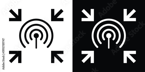 Signal broadcast icon with surrounding inward arrows, symbolizing targeted communication, data connection, or focused transmission. Modern, high-contrast vector icon set.