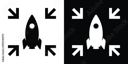 Minimalist icon of a rocket ship surrounded by inward-pointing arrows, symbolizing focus, startup, or launch strategy. Clean vector illustration on black and white backgrounds.