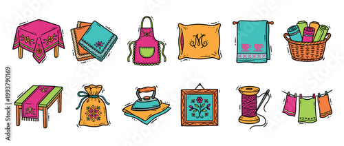 Colorful hand-drawn home textile and needlework icons set featuring a tablecloth, apron, pillow, iron, embroidery, and laundry in a cute cartoon doodle illustration style