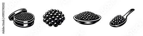 Photos Black and white caviar icon set in vector style featuring tin spoon and bowl ele