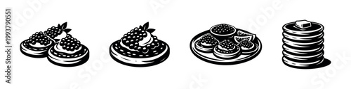Black and white vector illustration of traditional russian pancakes and caviar buffet