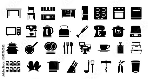 Set of kitchen appliance and furniture icons. Collection of vector cooking equipment, utensils, dishes and home items for culinary design. Black silhouette graphic interface elements.