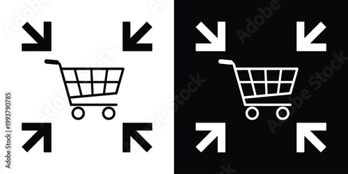 Shopping cart icon framed by inward-pointing arrows. Represents e-commerce, retail, checkout, store inventory, or buying focus. Clean, high-contrast vector graphic suitable for web design.