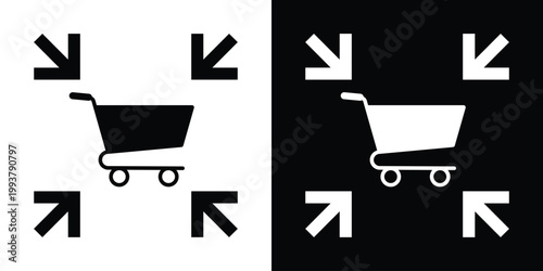 Shopping cart icon framed by inward-pointing arrows. Represents e-commerce, retail, checkout, store inventory, or buying focus. Clean, high-contrast vector graphic suitable for web design.
