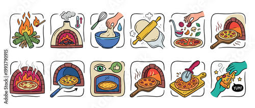 Colorful hand-drawn illustration set showing pizza making steps from preparing dough to baking in a wood-fired oven and slicing the final delicious meal
