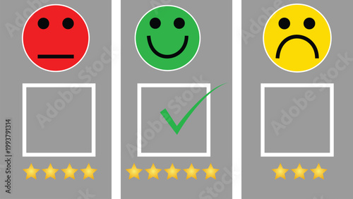 Customer feedback survey with three colored emoticons, checkmark, and star rating system